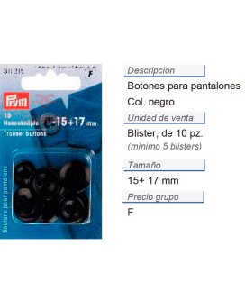 Botones pantalones 15 + 17 mm negro CONT: 5 TAR de 10 pz