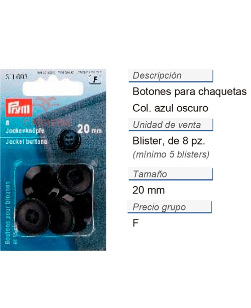 Botones para chaquétas 20 mm azul oscuro CONT: 5 TAR de 8 pz