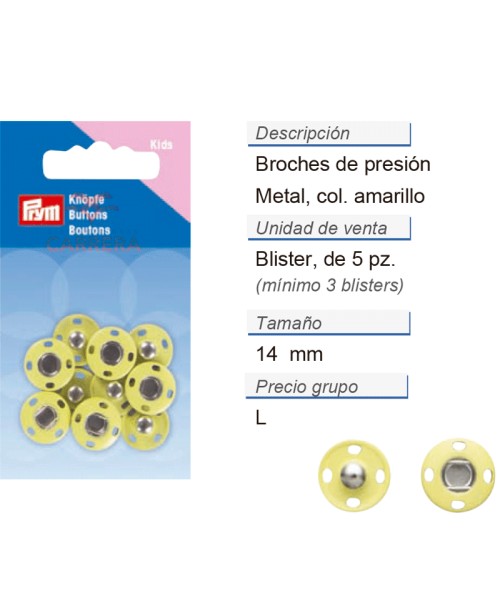 Broches de presión metal 14 mm amarillo CONT: 3 TAR de 5 pz