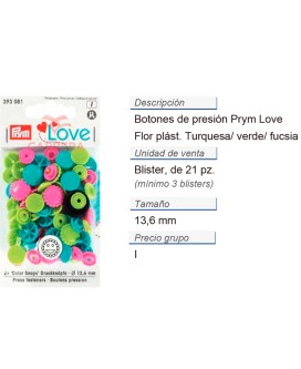 Prym Love Color Bot. pres. pl. Flor 13,6mm turqu./verde/fucs