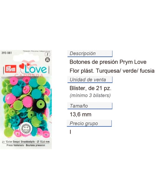 Prym Love Color Bot. pres. pl. Flor 13,6mm turqu./verde/fucs