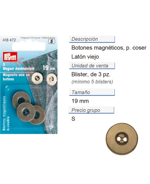 Botones magnetico p. coser 19 mm latón viejo CONT: 5 TAR de