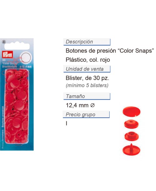 Botones pres. ColorSnaps 12,4 mm rojo CONT: 5 TAR de 30 pz